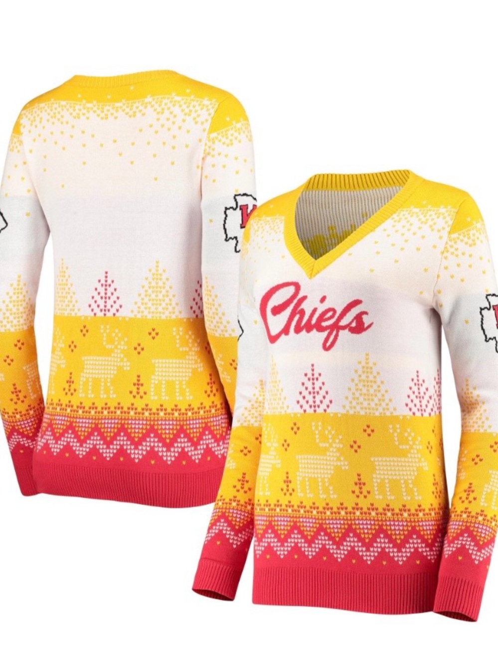 FOCO Kansas City Chiefs V-Neck Holiday Ugly Christmas Sweater